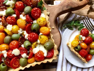 Crispy Herb Tomato and Olive Tart with Pine Nuts
