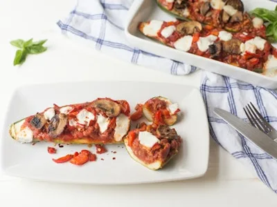 Pizza-Stuffed Zucchini with Farro and Fresh Mozzarella