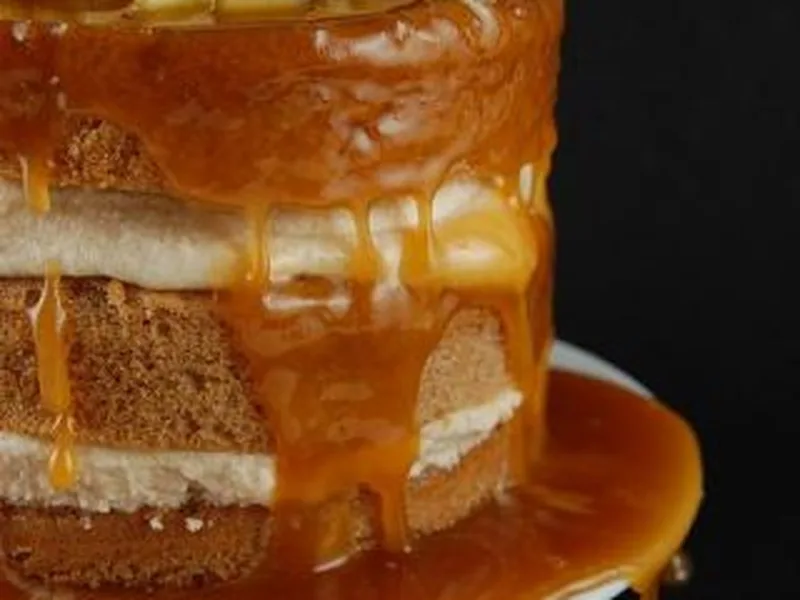 Layered Spice Cake with Caramel Mousse and Apple Topping