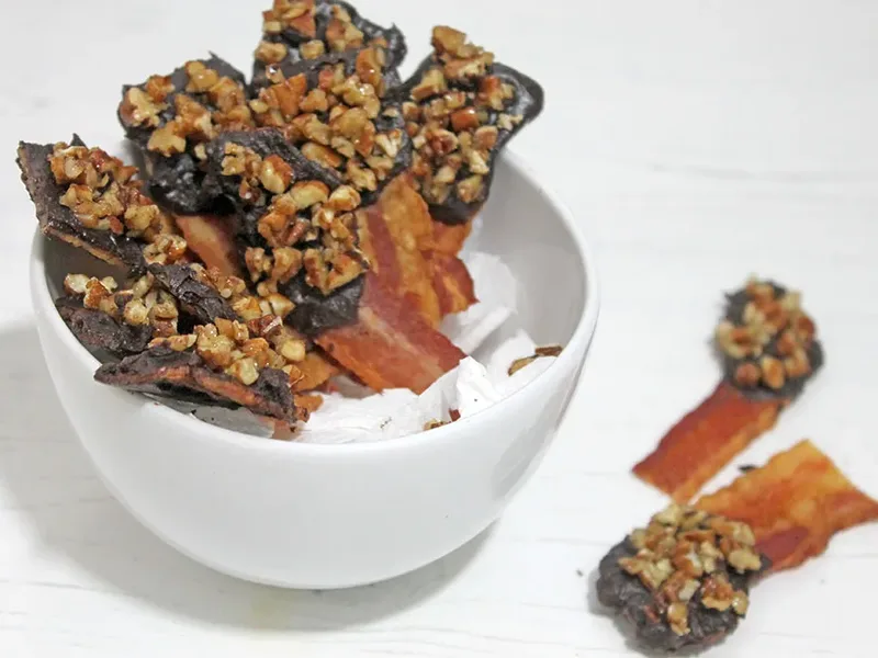 Chocolate Dipped Bacon with Maple Pecans - Crispy Sweet Treat