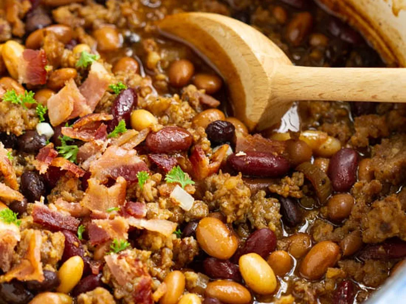 Stovetop Bourbon Bacon and Sausage Baked Beans