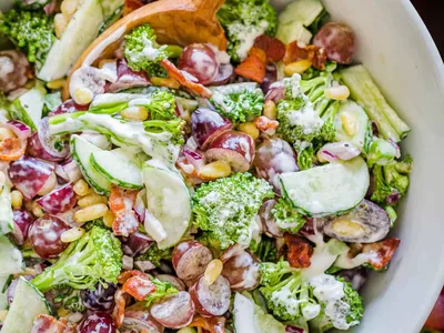 Crunchy Broccoli Grape Salad with Bacon and Pine Nuts