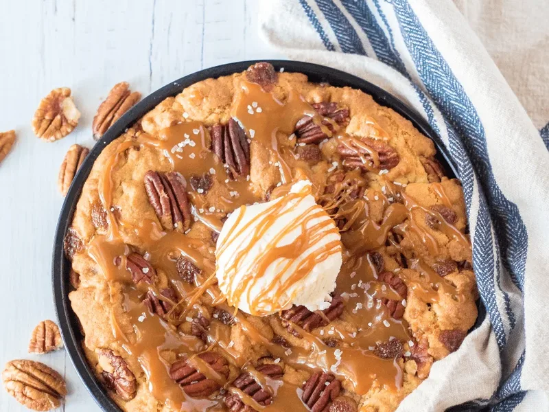 Giant Caramel Pecan Air Fryer Cookie with Salted Caramel Drizzle