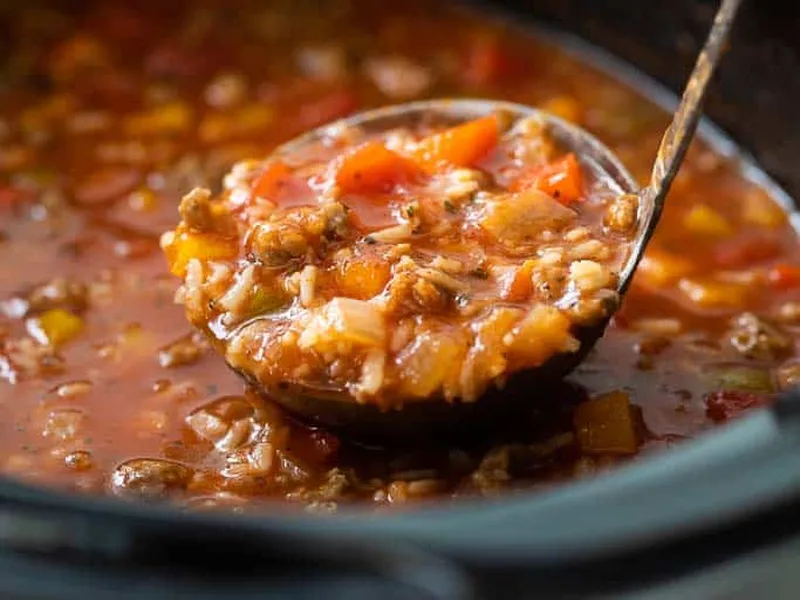 Easy Crockpot Stuffed Pepper Soup with Sausage and Rice