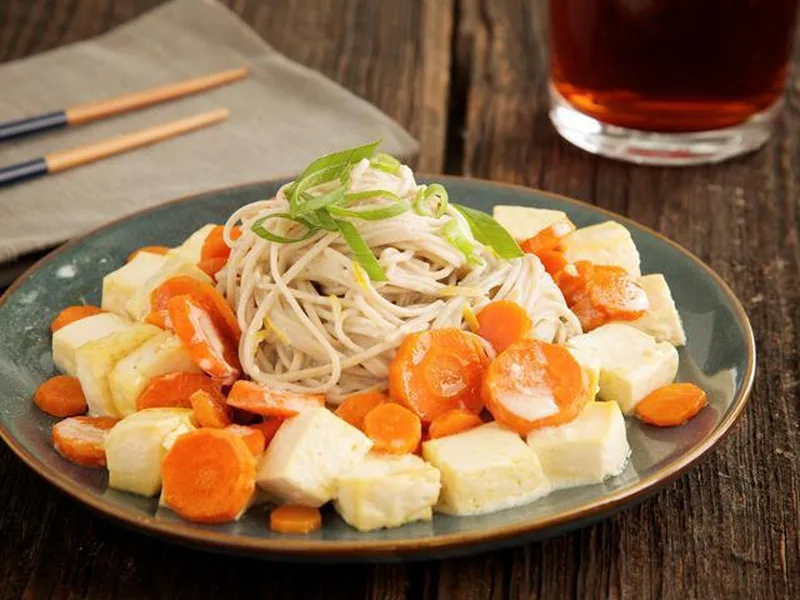 Roasted Tofu and Carrot Miso-Sesame Soba Noodles