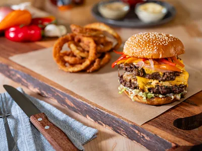 Smashed Beef Burgers with Caramelized Shallots and Garlic Mayo