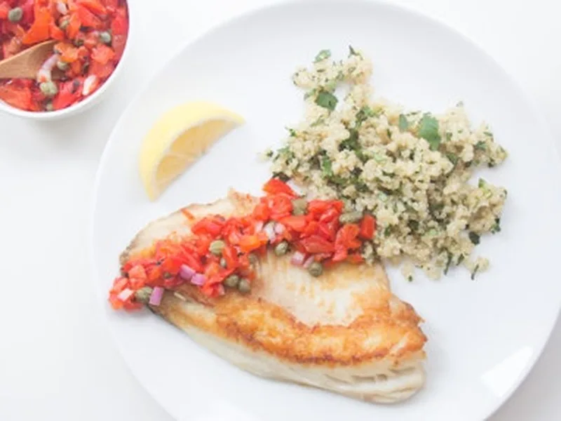 Pan-Seared Tilapia with Roasted Red Pepper Salsa and Quinoa