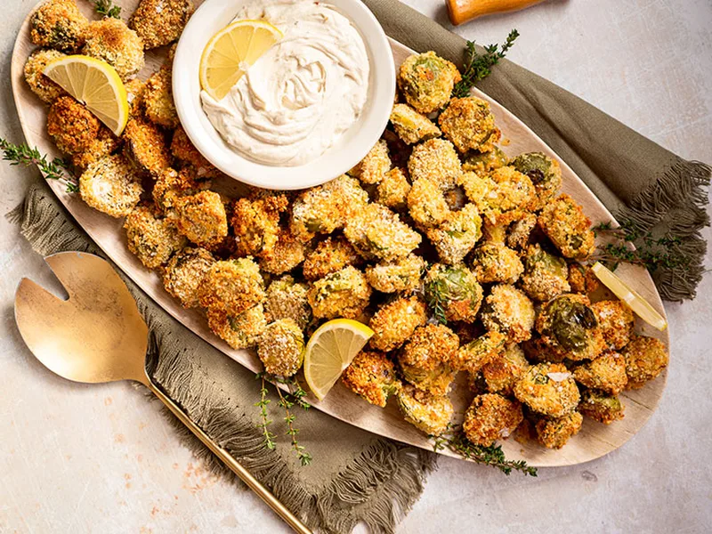 Crispy Baked Parmesan Brussels Sprouts with Tahini Yogurt