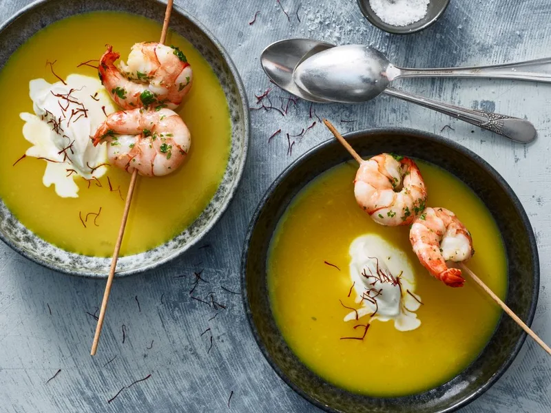 Creamy Saffron Potato Soup with Grilled Prawns
