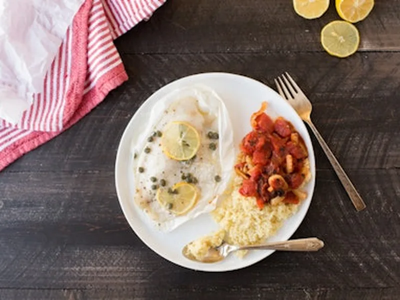 Lemon White Fish en Papillote with Sweet Potato Fennel Saute