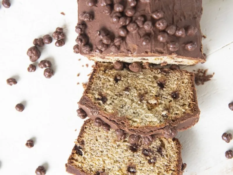 Chocolate Crunch Banana Bread with Milk Chocolate Glaze
