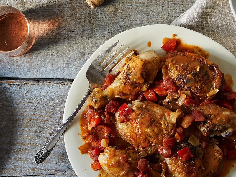 Braised Chicken Drumsticks with Yellow Mustard and Red Peppers