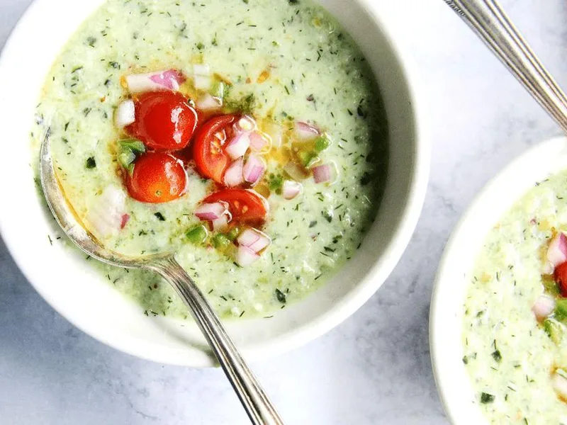 Chilled Cucumber Grape Gazpacho with Tomato Salsa