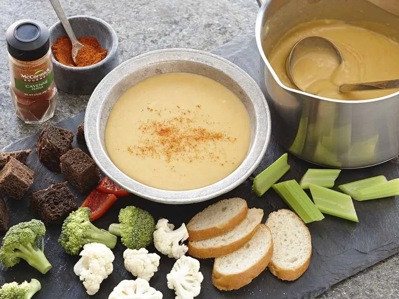Spicy Beer Cheese Fondue with Cheddar and Gruyere