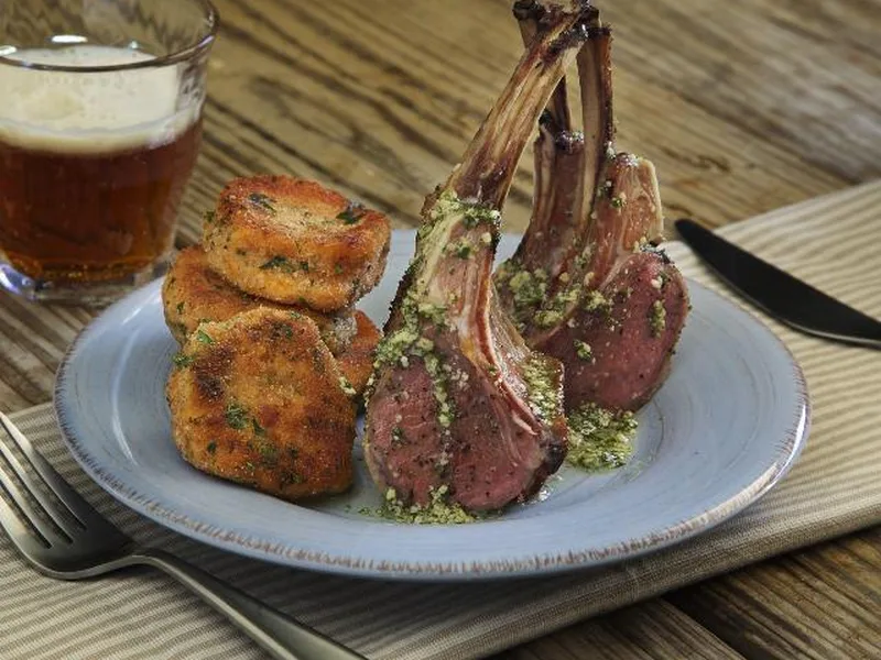 Seared Lamb Chops with Mint Pesto and Crispy Potato Croquettes