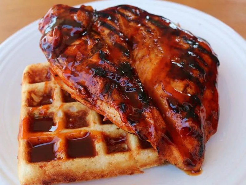 Grilled BBQ Chicken with Crispy Cornmeal Waffles