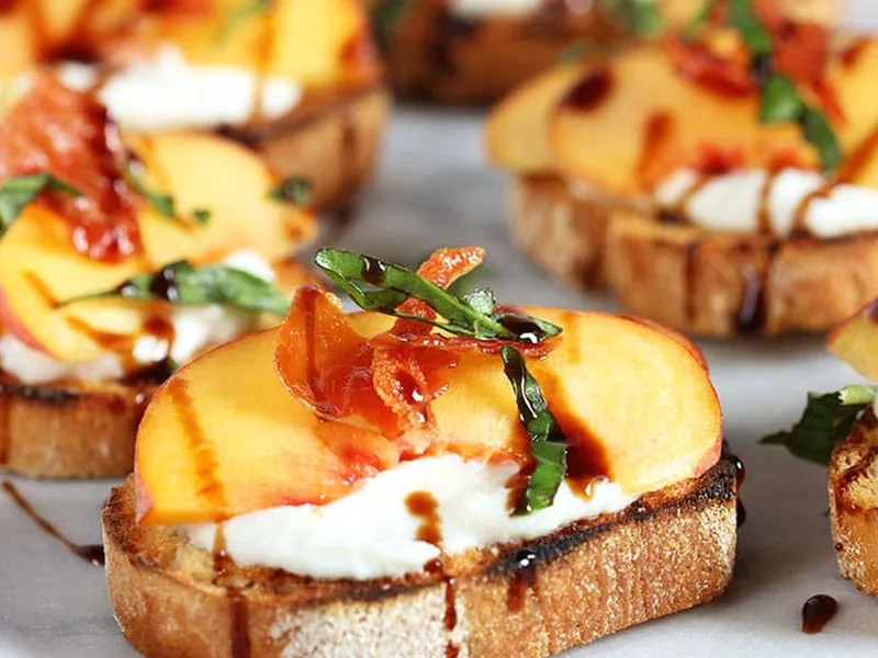 Honey Ricotta Peach Crostini with Crispy Pancetta