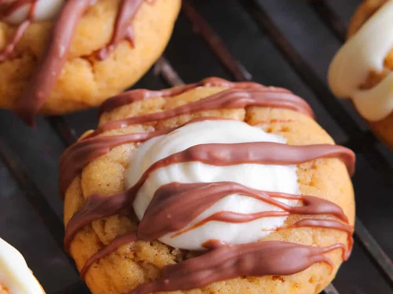 Pumpkin Cream Cheese Thumbprint Cookies with Chocolate Drizzle