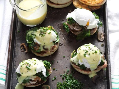 Mushroom Spinach Eggs Benedict with Crispy Pancetta