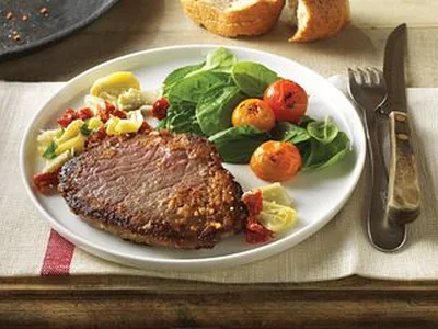 Parmesan-Crusted Beef Steaks with Mediterranean Relish