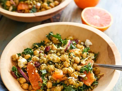 Curried Lentil Chickpea Salad with Kale and Feta