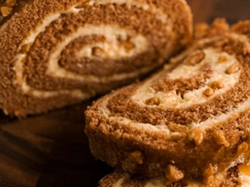 Lighter Pumpkin Roll Cake with Toffee Rum Filling