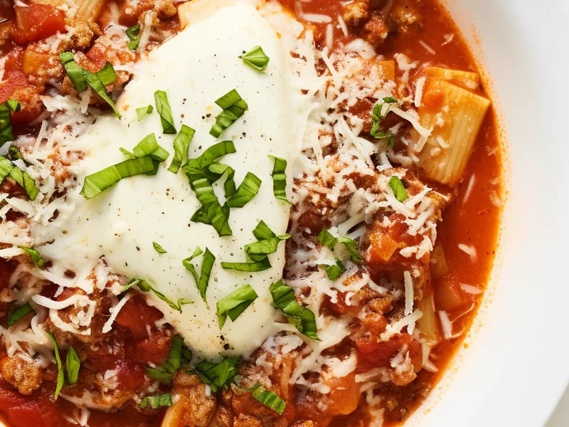 One Pot Hearty Lasagna Soup with Three Cheeses