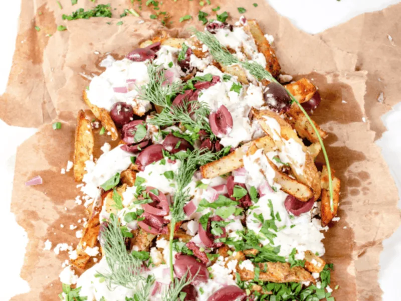 Air Fryer Greek Fries with Feta and Tzatziki