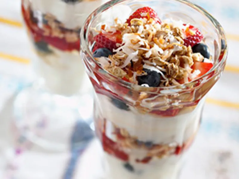 Berry Parfait with Toasted Coconut Granola and Vanilla Yogurt