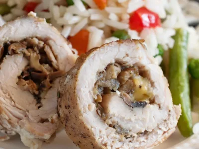 Spiral Cut Bacon Pear Stuffed Pork Loin with Brown Sugar