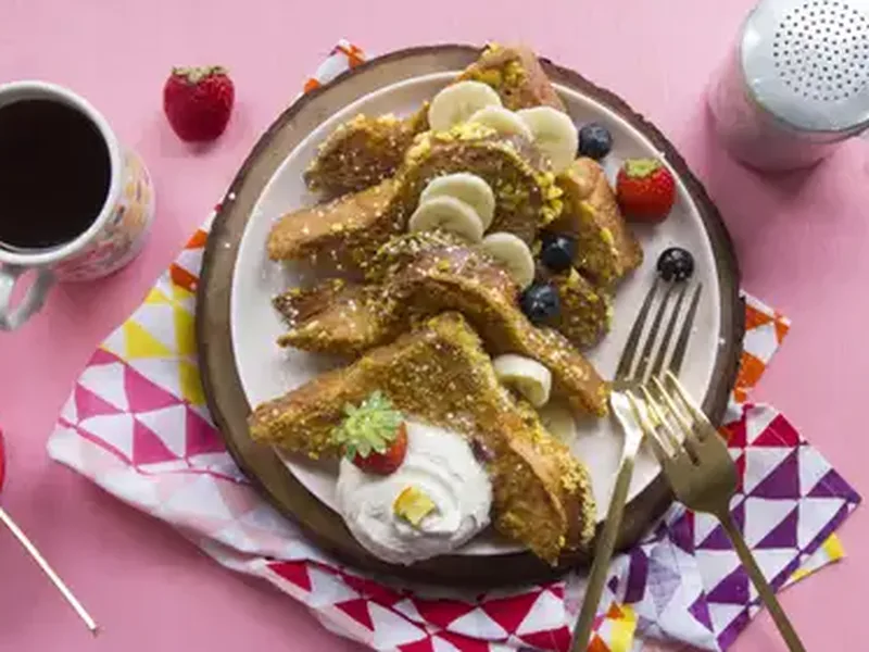 French Toast Crunch Cereal-Crusted French Toast with Whipped Cream