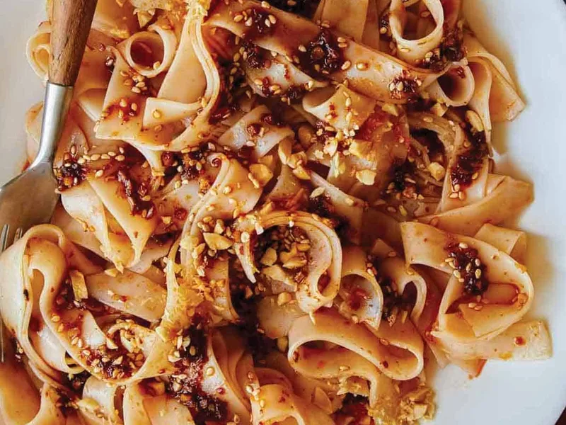 Korean Chile Oil Garlic Rice Noodles with Gochugaru