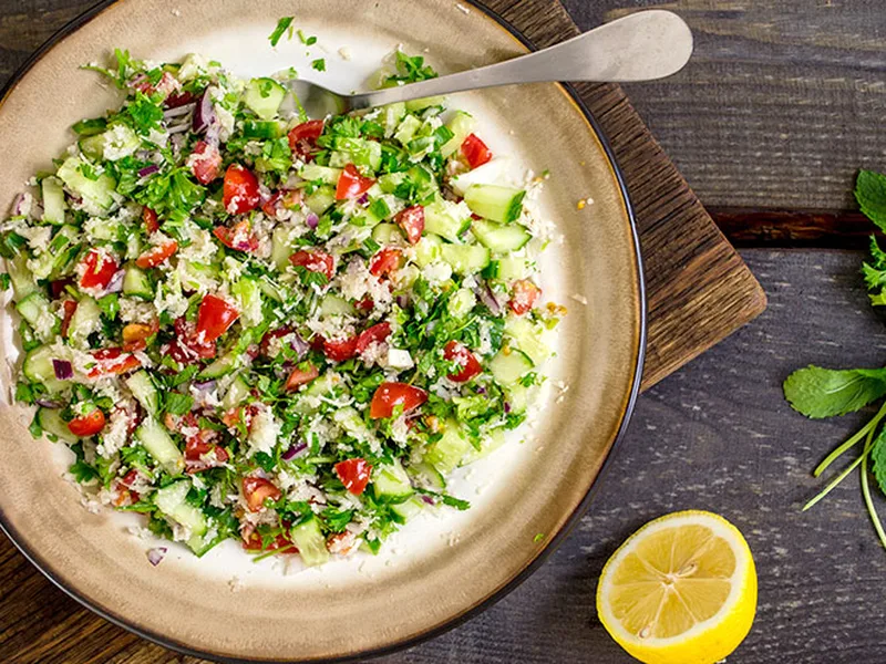 Fresh Cauliflower Rice Tabbouleh with Herbs and Lemon