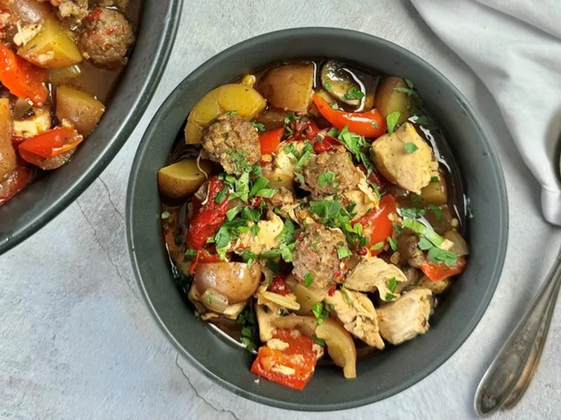 Classic One-Pot Chicken Murphy with Sausage and Peppadews