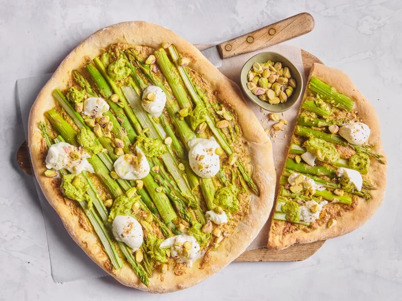 Asparagus and Pistachio Pizza with Buffalo Mozzarella