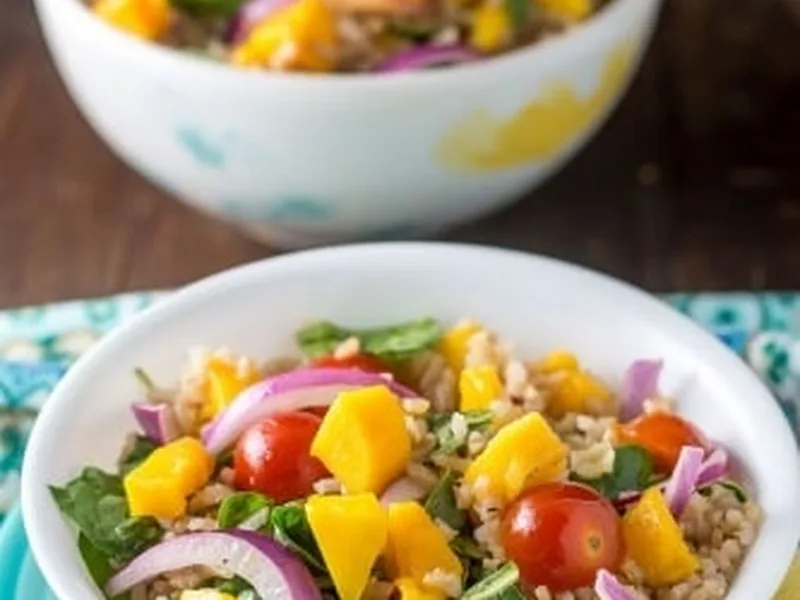 Mango Spinach Brown Rice Salad with Red Wine Dijon Vinaigrette