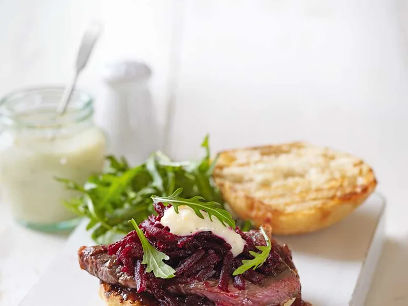 Pan-Seared Steak Sandwich with Garlic Mayo and Beetroot