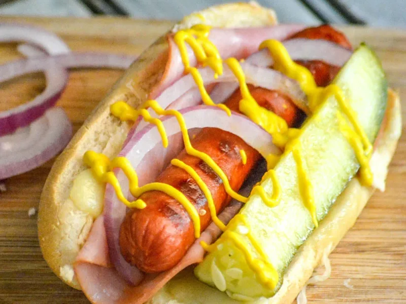 Cuban-Style Hot Dogs with Swiss Cheese and Ham