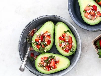 Baked Avocados with Warm Strawberry-Goat Cheese Salsa