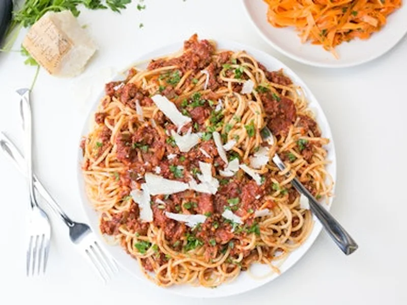 Spaghetti with Lentil-Marinara Sauce and Carrot Ribbon Salad