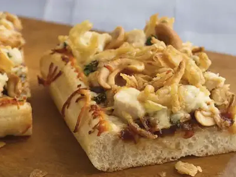 Barbecue Cashew Chicken Pizza with Crispy French-Fried Onions