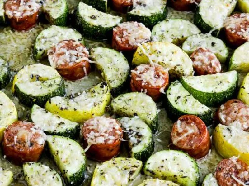 Sheet Pan Cheesy Zucchini and Sausage with Herbs