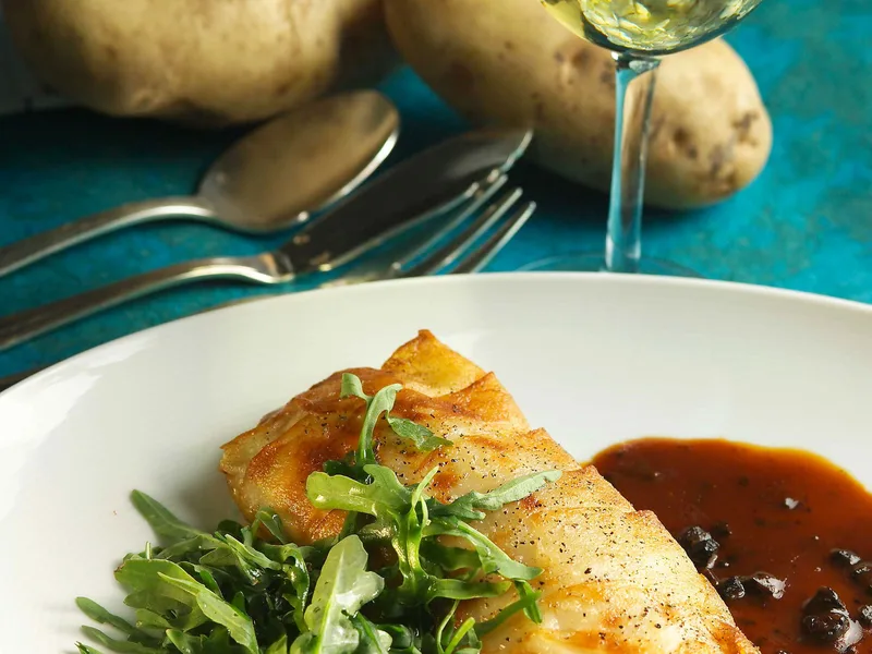 Idaho Potato Crusted Black Bass with Black Truffle Sauce