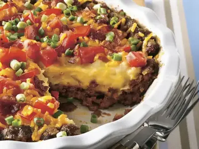 Bacon-Cheeseburger Potato Pie with Ground Beef and Cheddar