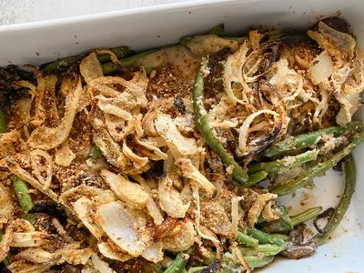 Crispy Onion Green Bean Casserole with Mushroom Roux