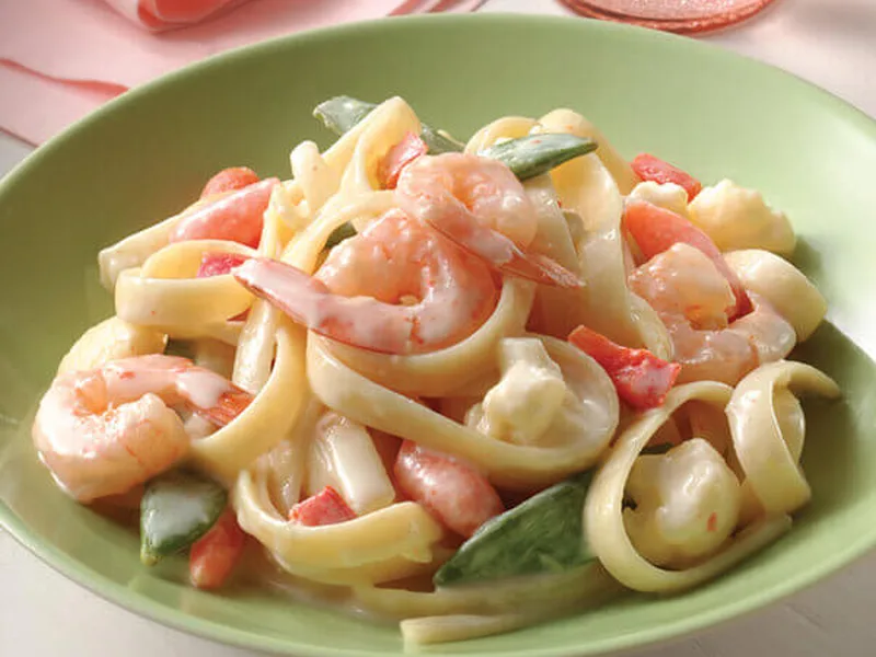 Shrimp Fettuccine Alfredo with Snap Peas