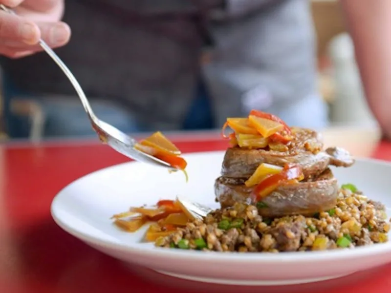 Tom Thumb Sausage with Dirty Farro and Rutabaga Relish