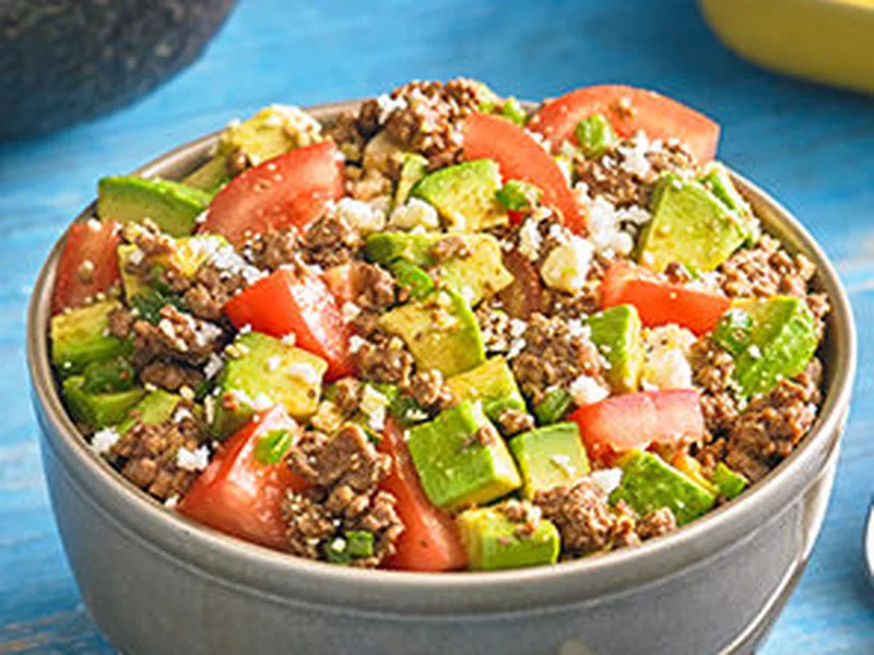 Spicy Dicey Ground Beef Guacamole with Queso Fresco