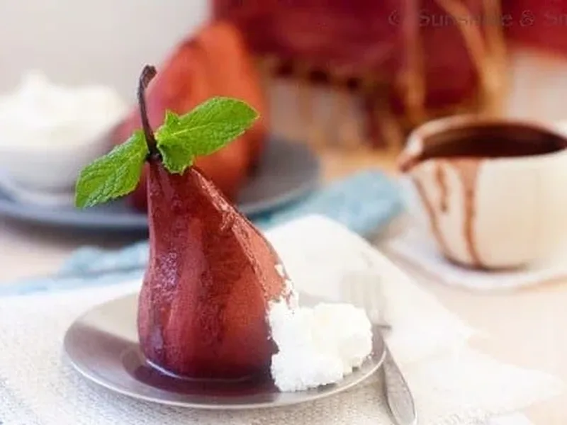 Wine Poached Pears with Chocolate Mint Sauce