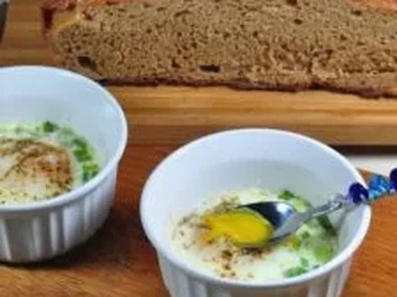 French Eggs en Cocotte with Asiago Cream and Green Onions